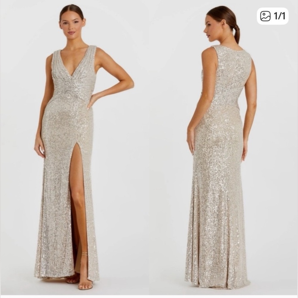 NEW Mac Duggal Glittering Silver Maxi Dress